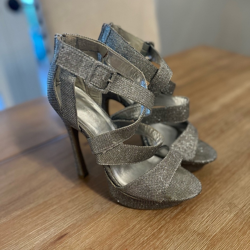 Silver heels with matching clutch- platform- hello height!